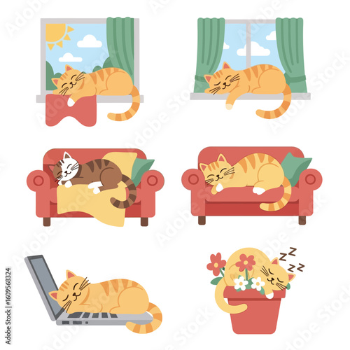 A collection of cartoon illustrations showing cats sleeping in various locations: on a window sill, sofa, laptop, and in a flower pot.
