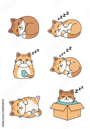 Collection of six cute cartoon cats sleeping, curled up, or resting in a box, all with orange and white fur.