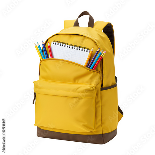 A vibrant yellow backpack stuffed with colorful pencils and a notebook, ready for school, isolated on white or transparent background. PNG