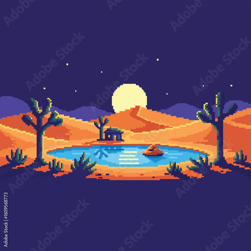 Vibrant pixel art desert oasis at night with full moon.