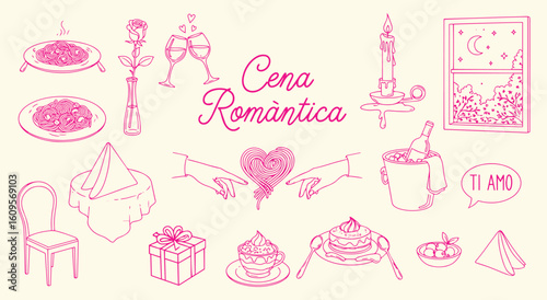 Cena Romantica vector illustration set. Pink hand drawn sketch of a romantic Italian dinner for Valentine's Day, anniversary, and invitation design projects.