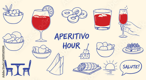 Aperitivo Hour vector illustration set. Hand drawn sketch of Italian food, drinks, and cocktail elements for restaurant, bar, menu, and happy hour design projects.