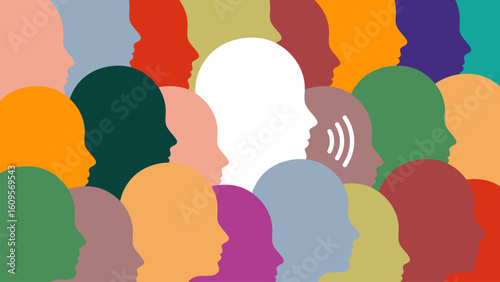 Colorful Human Silhouettes Talking and Listening. Whistleblower Concept. Employee Informant Speaking in Crowd, Insider Revealing Information, Alert Communication, Corporate Transparency, Truth Concept