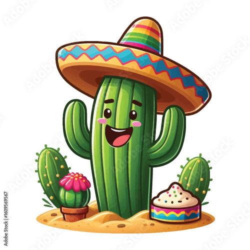 Cactus With Sombrero Smiling Mexican Celebration Festive Cinco De Mayo Cultural Cheerful Fun Cartoon Icon
