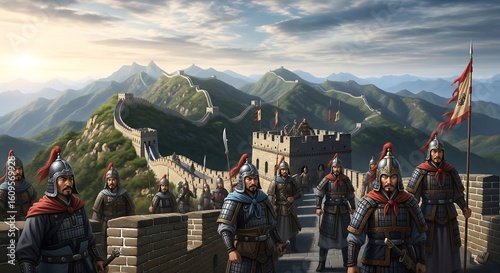An artistic depiction of soldiers in full armor atop the great wall of china observing the expansive mountainous landscape.