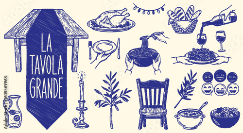 La Tavola Grande (The Big Table) vector illustration set. Blue hand drawn sketch of an Italian family dinner for restaurant, menu, and cultural event design.