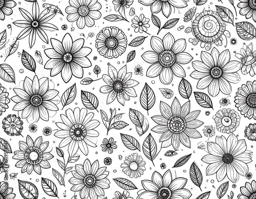 Wallpaper Mural Black and white floral pattern.  Detailed line drawings of various flowers and leaves fill the background Torontodigital.ca