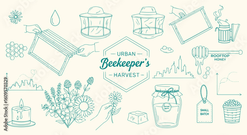 Urban Beekeeper's Harvest vector illustration set. Teal line art of beekeeping, honey, and apiary elements for branding, packaging, and local organic product design.
