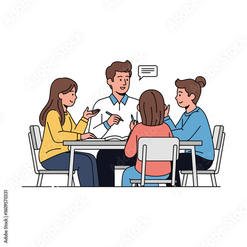 Business people are sitting at a table in a cafe meeting, some on laptops, while a group in the office discusses a presentation