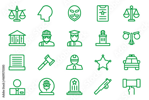 Comprehensive collection of legal and judicial symbols featuring courthouse elements and justice related graphics presented in a clean modern line art style for diverse applications