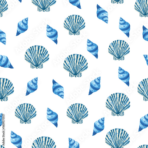 Seashells seamless pattern. Flat vector clipart, illustration with isolated background.