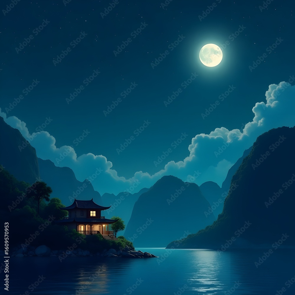 Fototapeta premium A breathtaking dark night landscape of the ocean and mountains under a star-filled sky