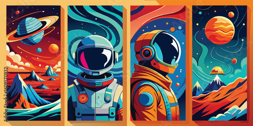 A series of eye-catching posters advertising a space travel experience, featuring stunning visuals of space and spacecraft..eps