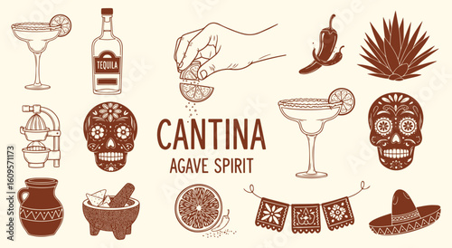 Cantina Agave Spirit vector illustration set. Vintage Mexican graphics with tequila, sugar skull, and margarita for bar, restaurant, and cocktail menu design.