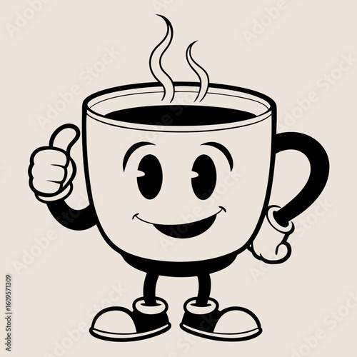 Black line art cartoon coffee cup character giving thumbs up black and white