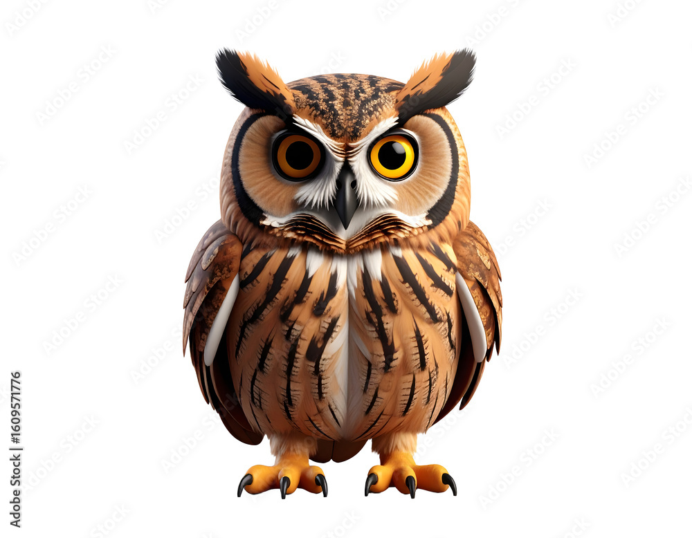 Fototapeta premium Realistic cartoon owl illustration with transparent background (PNG), perfect for wildlife designs, educational materials, and nature projects.