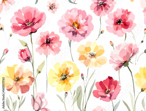 Seamless floral pattern, Seamless pattern with pink and yellow flowers watercolor	