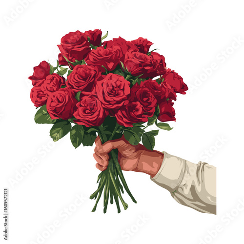 Hand holding bouquet of red roses in artistic style on white background. Concept of gift, romance, celebration flower delivery