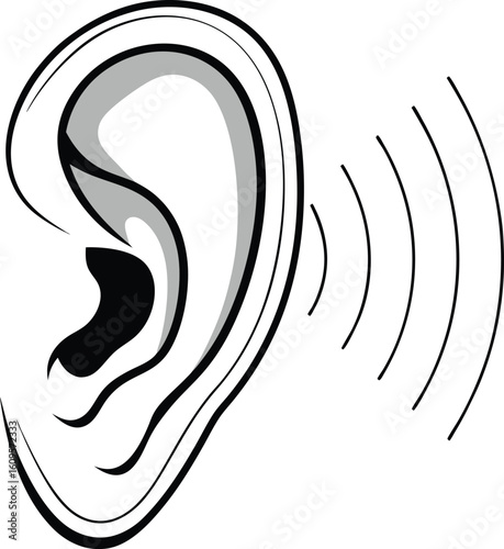 A black and white sketch depicts a human ear with radiating lines indicating sound waves entering it.