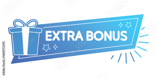 Extra Bonus vector banner graphic. Blue angled label with gift box and stars. Modern promotional element for marketing, sale, and e-commerce design.