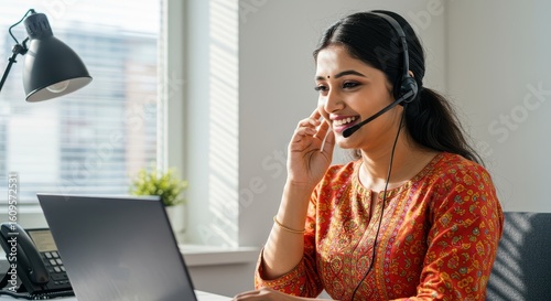 Young Indian Woman Working From Home With Headset And Laptop