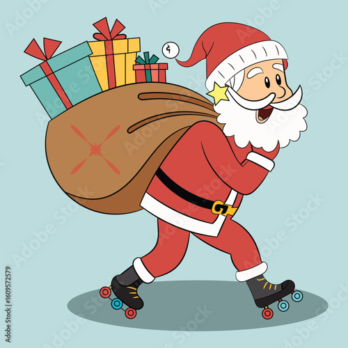 Santa claus on roller skates carrying a sack of christmas gifts cartoon vector illustration