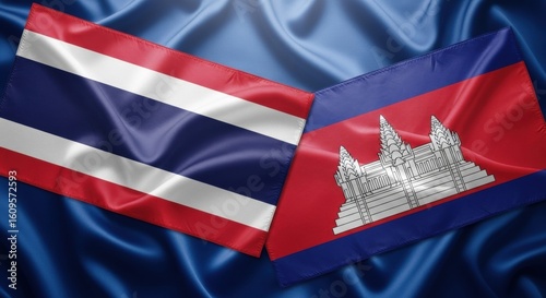 Illuminated thai and cambodian flags symbolize international relations and collaborations with