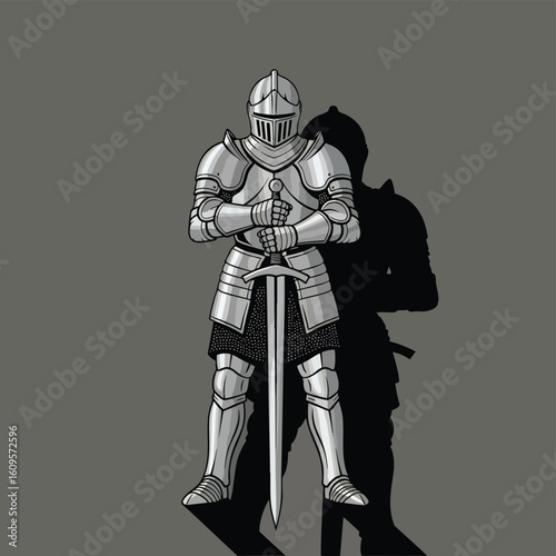 A medieval knight in a full suit of shining plate armor holding a large sword.