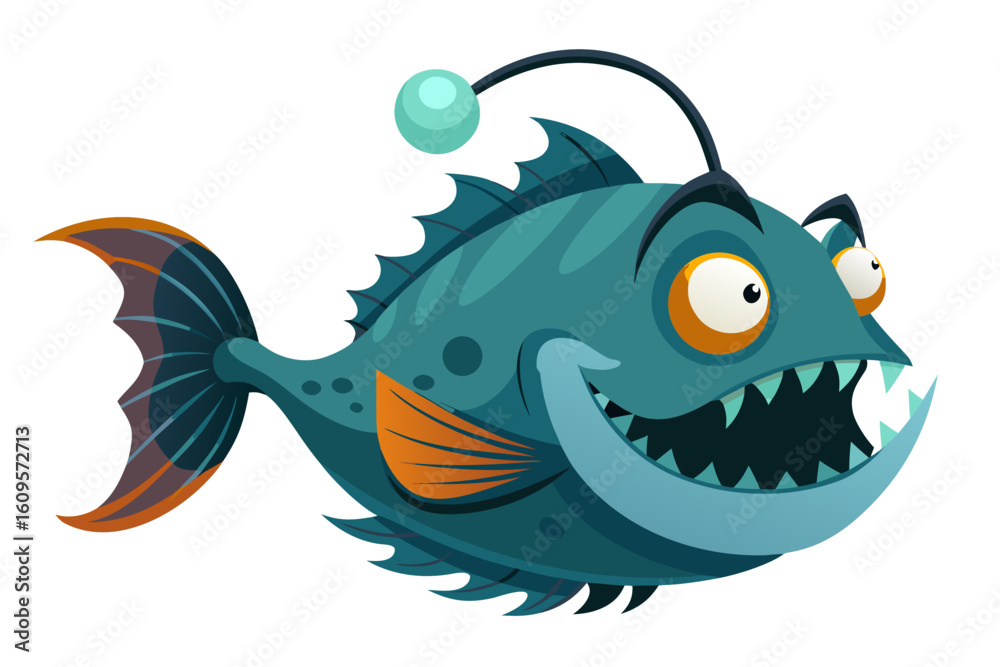 Fototapeta premium A humorous and colorful cartoon illustration of an anglerfish with a glowing lure, large eyes, and a wide mouth full of sharp teeth. 