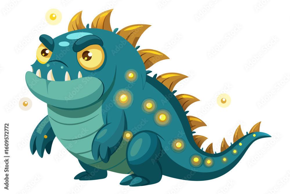 Fototapeta premium A humorous and colorful cartoon illustration of an anglerfish with a glowing lure, large eyes, and a wide mouth full of sharp teeth. 
