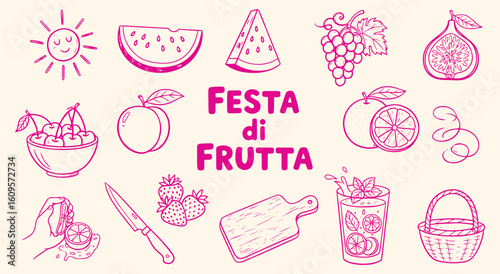 Hand drawn Festa di Frutta (Fruit Festival) vector illustration set. Pink sketch of summer fruits like watermelon, grapes, and oranges for menu, party, and food design.