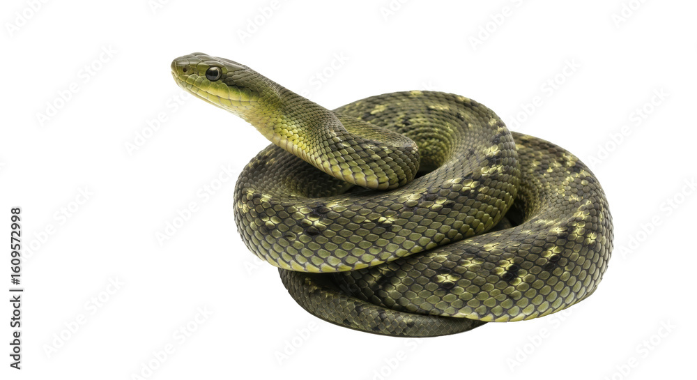 Fototapeta premium Coiled green snake with light spots on its scales against a black background in a studio shot