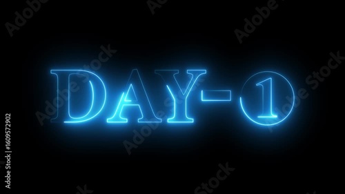 Day 1 Neon Blue Text Animation on Black Background. Calendar Countdown and Scheduling Concept