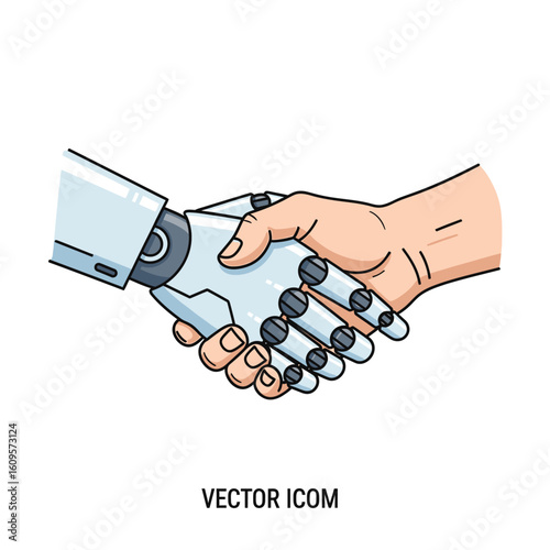 Vector icon of a robot and human handshake. A symbol of artificial intelligence, future technology, and collaborative innovation.