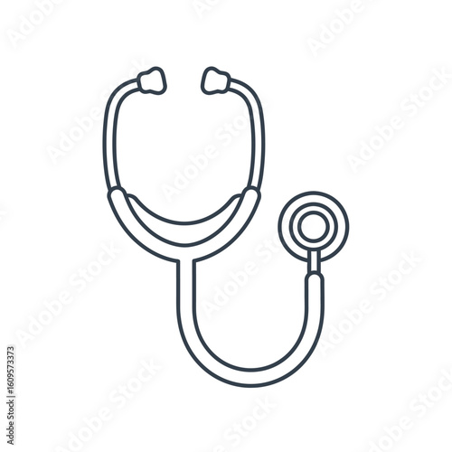Stethoscope line art icon for medical diagnosis and healthcare concepts. Minimalist doctor tool illustration on white background.