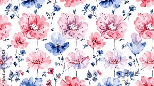 Blooming watercolor flowers vector seamless pattern. This pattern can be used for fabric textile wallpaper fashion design dress background.
