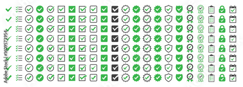 Simple checkmark icon set.Various icon sets related to the check mark (uality certify sign, Approval check, shield, clipboard, reservation, calendar, official mark)