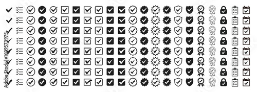 Simple checkmark icon set.Various icon sets related to the check mark (uality certify sign, Approval check, shield, clipboard, reservation, calendar, official mark)