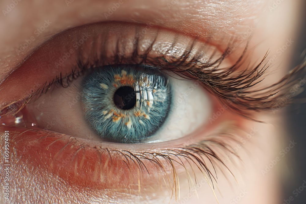 Fototapeta premium a detailed close-up shot of a stunning human eye, showcasing its vibrant colors and intricate details. The eye is a striking blue color with intricate patterns and long eyelashes