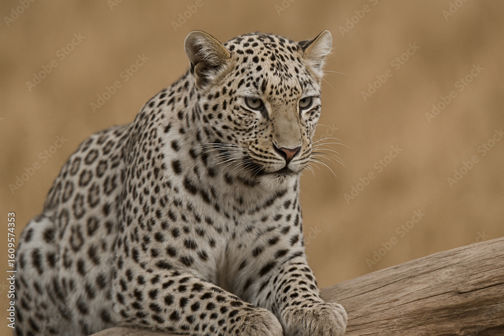 Naklejka premium Leopard Resting on a Log in the African Savanna, Wildlife and Nature Conservation Concept, AI-generated