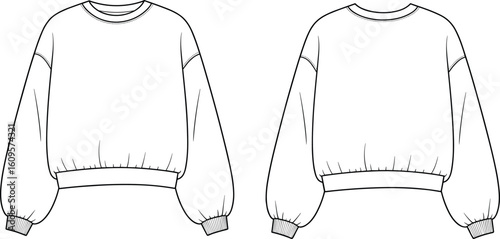  Loose-Fit Crew Neck Sweatshirt with Voluminous Sleeves and Ribbed Cuffs, Comfortable Casual Apparel Flat Sketch for Design Mockups