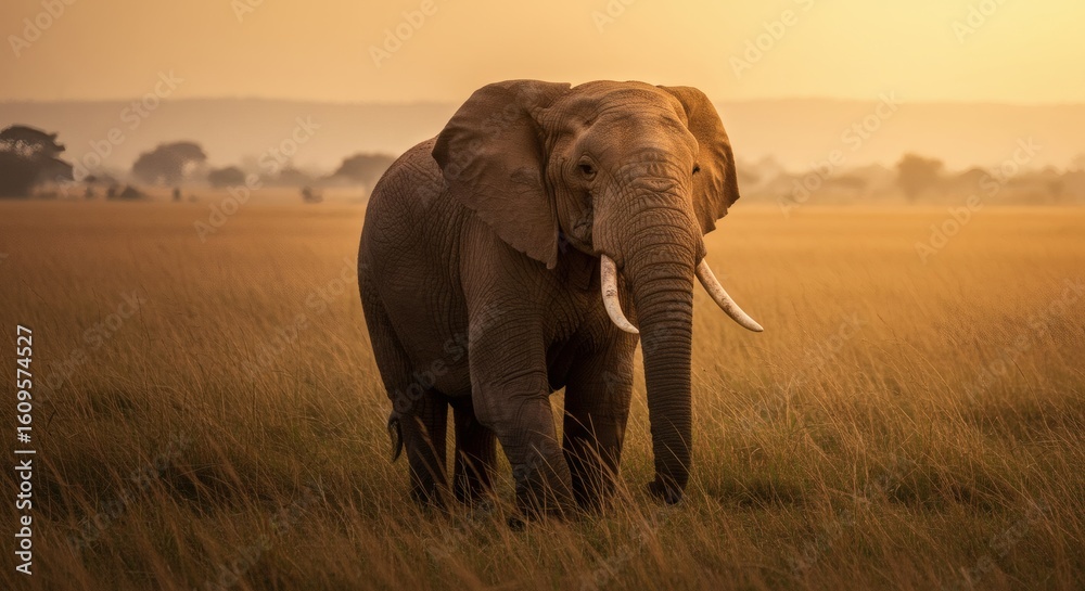 Obraz premium Large pachyderm mother and baby elephants with huge ears walking in the African savanna