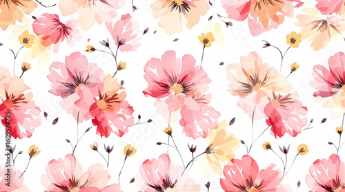 Watercolor vector art of a delicate pink flowers in full bloom, abstract beauty dusty blush background. The rose's velvety petals are gently unfurling, revealing a heart of golden stamens