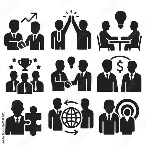 Successful business collaboration thin line icon set vector illustration