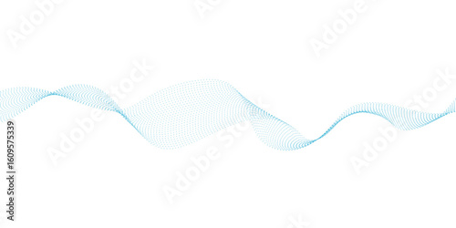 Blue dotted wave line pattern. Flowing dot particles wave pattern halftone black gradient smooth curve shape isolated on transparent background.	