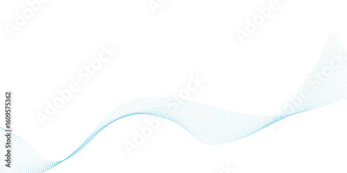 Blue dotted wave line pattern. Flowing dot particles wave pattern halftone black gradient smooth curve shape isolated on transparent background.	