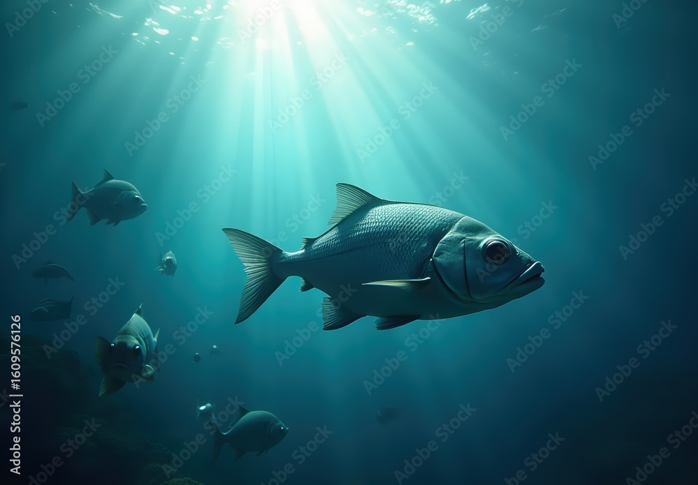 Fototapeta premium Underwater Scene with Fish in Sunlight