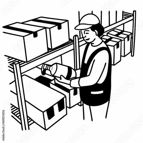Warehouse employee organizing boxes while checking a bottle  