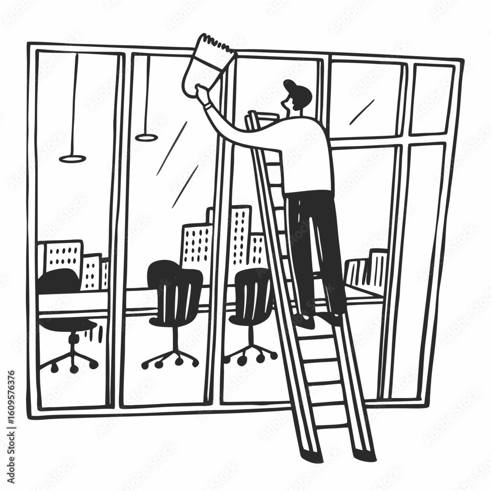 Obraz premium Man cleaning office windows while standing on ladder in modern workspace 