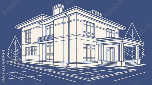 Illustration of a two story house with a balcony trees and a parking lot on a blue background style drawing